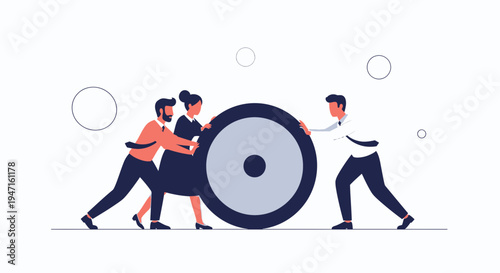Teamwork pushing a large gear, business collaboration, strategy, and synergy