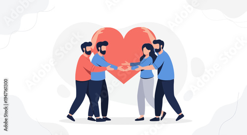 Diverse group of people holding a large red heart, symbolizing unity and love.