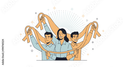 Vector illustration of diverse people holding ribbons, teamwork and unity concept
