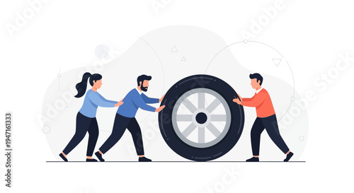 Teamwork pushing a large wheel forward, collaboration and progress concept