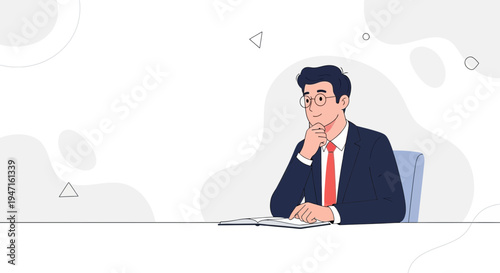 Thoughtful businessman in suit contemplating at desk with open notebook