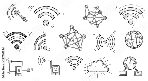 Hand Drawn Network and Wireless Communication Icons Set