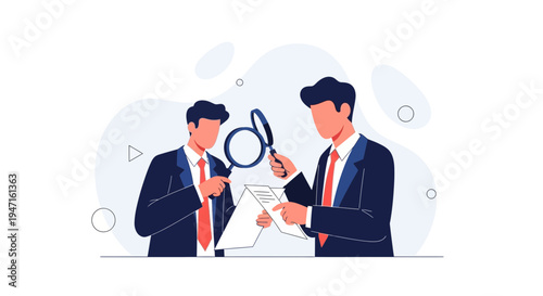 Businessmen analyzing document with magnifying glass, teamwork, research, investigation