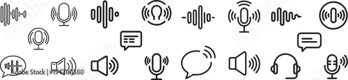 vector illustration of an abstract background. Voice web icons in line style. Sound wave, voice recognition, message, audio, speech, collection. Editable stroke. Vector illustration.