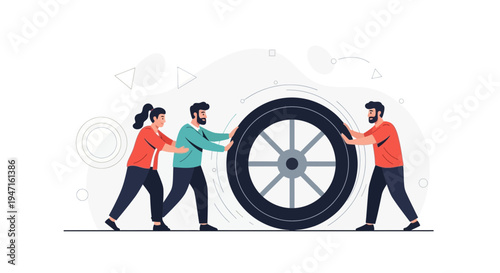 Teamwork pushing a large wheel forward, symbolizing progress and collaboration