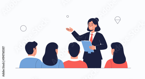 Businesswoman presenting to audience, holding clipboard, flat design illustration