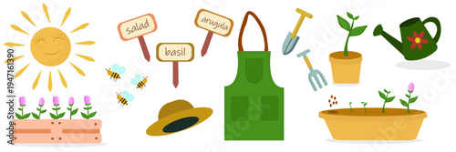 Collection of gardening tools and plants including watering can, rake, shovel, apron, flower pots and seedlings. Perfect for gardening, farming and spring garden design.