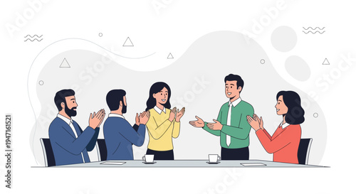 Business meeting success, team applauding colleague's achievement, celebrating victory