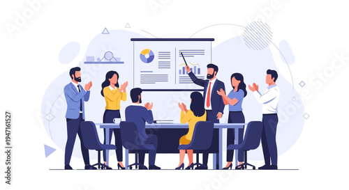 Business meeting success: team applauds speaker presenting financial data on screen