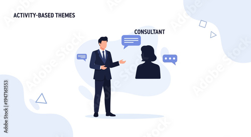 Business consultant discussing strategy with client, modern flat illustration