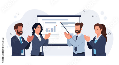 Business team applauding during presentation with charts on screen
