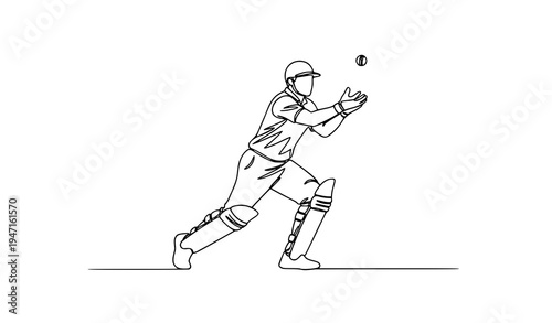 One continuous line drawing cricket fielder catching ball minimalist sports vector illustration