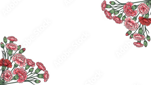 Delicate floral frame with clusters of hand drawn pink carnations and green buds in two opposite corners on a white background.