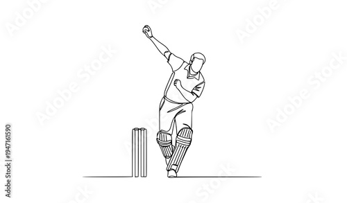 Minimal continuous line art cricket bowler action sports vector illustration