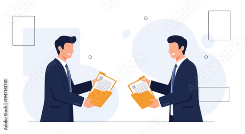 Businessmen Exchanging Documents in a Modern Office Setting