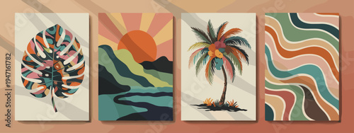 Four abstract retro style prints with tropical and wavy