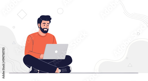 Man sitting cross-legged with laptop, working remotely, freelance, casual workspace