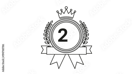 Elegant silver or gray ranking emblem featuring number two with a crown and laurel wreath on a decorative ribbon for second place.