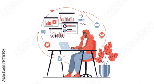 Vector illustration of woman working on laptop with social media icons