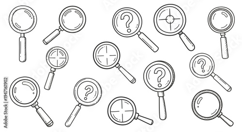 Hand Drawn Magnifying Glass Icons Set with Question Marks and Crosshairs