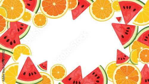 Refreshing summer fruit frame composed of bright red watermelon slices and juicy orange slices on a white background for energy.