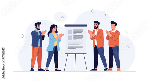 Team applauds successful presentation in front of whiteboard