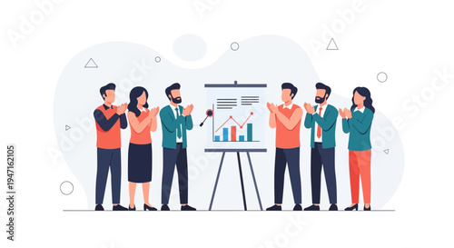 Business team applauds success at presentation with growth chart on whiteboard