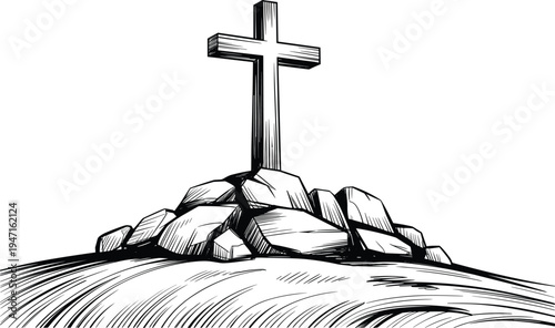3D white cross on rocky mountain peak with dramatic clouds minimalist faith symbol religious concept