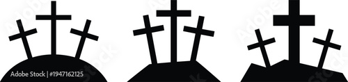 Three black wooden crosses on hill at sunset silhouette minimalist religious Easter Good Friday background