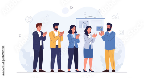 Business Team Applauding Success in Meeting with Presentation Board