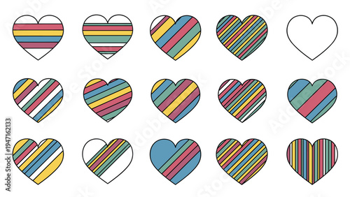 Grid of fifteen heart shapes featuring various colorful stripe patterns in horizontal, vertical, and diagonal orientations on a white background.