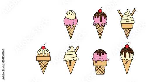 Selection of seven different ice cream cones with various flavors, toppings, and garnishes like cherries and wafers is shown in a flat icon style.