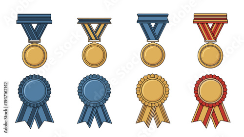 Set of eight different award medals and rosettes in blue, gold, and red colors with various ribbon designs is shown as achievement symbols.