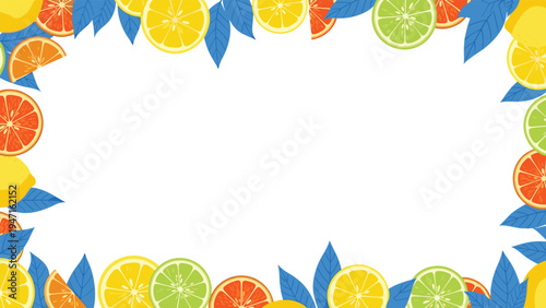 Vibrant citrus frame featuring slices of lemon, orange, and lime with bright blue leaves on a clean white background for a fresh look.