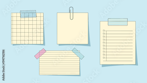 Four different types of paper notes including a memo, a list, and sticky notes with tape and clips are shown on a light blue background surface.