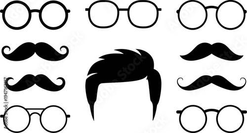 Eyeglasses mustache hairstyle silhouette set, facial accessory illustration, character design artwork collection