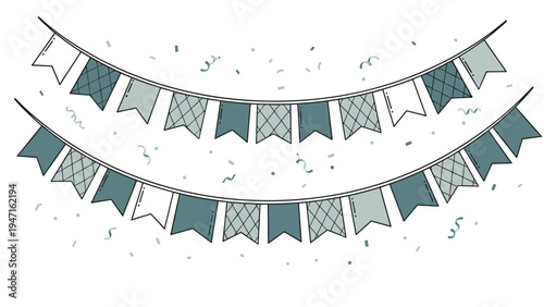 Two festive strings of triangular party flags in shades of blue and grey with scattered confetti are shown as decorative elements on white.