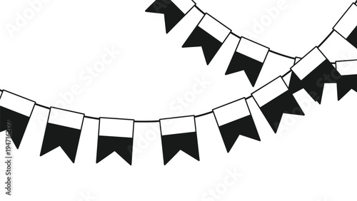 Close-up view of two strings of black and white triangular party banners is shown as a simple graphic element for celebration and event design.