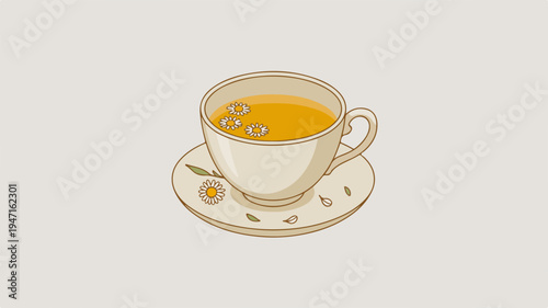 Warm tea in a delicate cup on a saucer with floral design served on a plain background