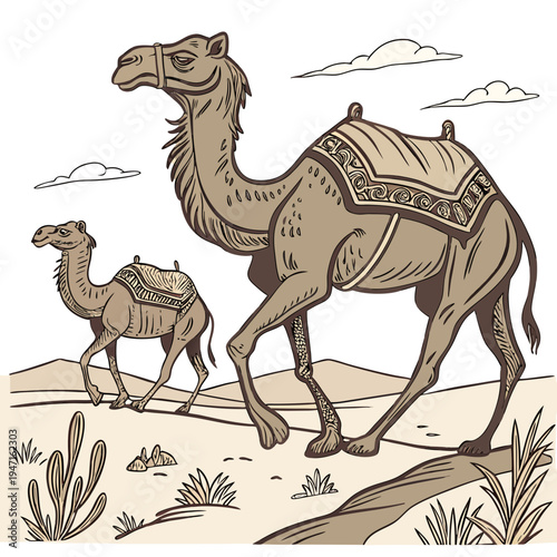Ultra detailed realism showing camels walking desert