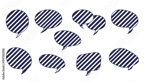 Collection of hand-drawn speech bubbles with dark blue and white diagonal stripes isolated on a plain white background.