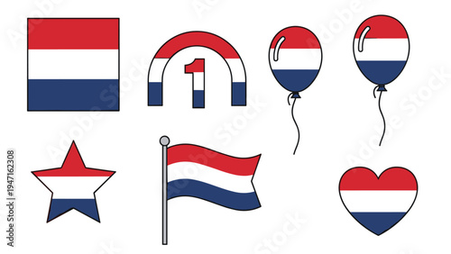 Free Download Multiple objects including balloons stars and flags decorated with the red white and blue horizontal stripes of the Dutch flag. - GFXLoad