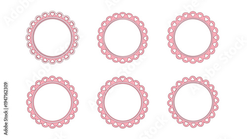 Set of six decorative circular frames featuring intricate heart patterns in pink and white is presented as a collection of romantic design borders.