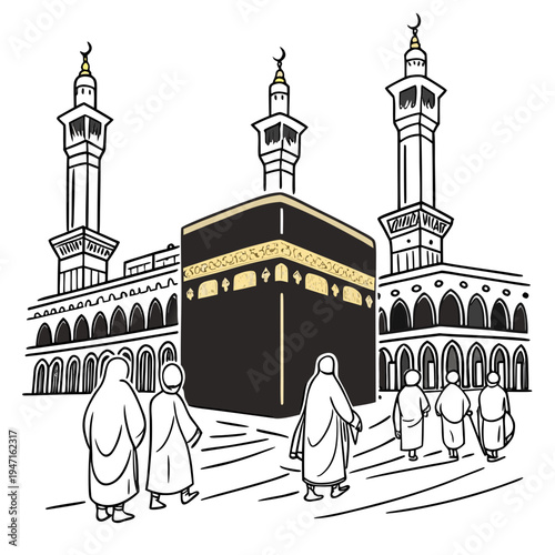 Black and gold Kaaba building with people in robes walking around