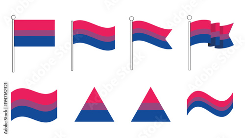 Selection of bisexual pride flags in various waving styles alongside triangle and wave shapes using pink purple and blue colors.