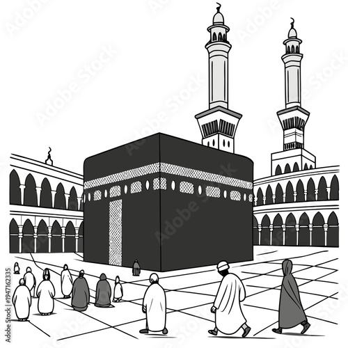 Black and white of people circumambulating the Kaaba in Mecca 1