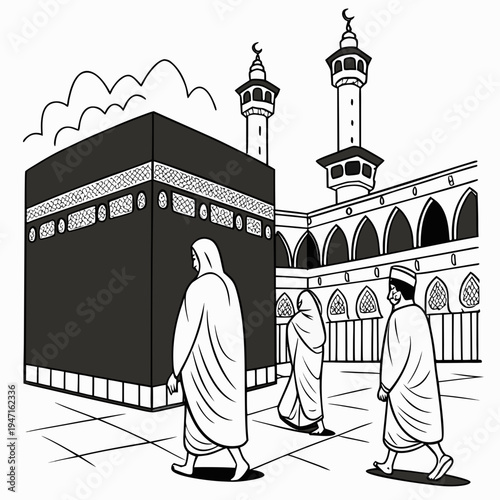 Black and white of people walking around Kaaba in Mecca
