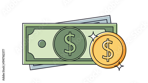 Stylized illustration of a green paper dollar bill overlapping a blue one with a large gold coin featuring a dollar sign symbol.