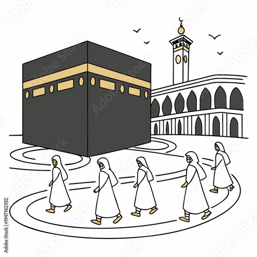 Of muslim pilgrims circling kaaba mecca islamic white background