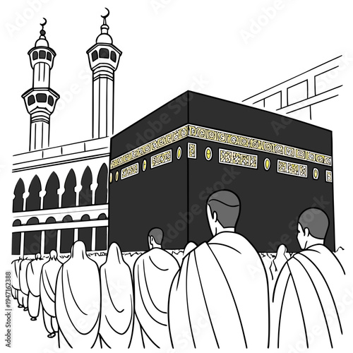 Of people in white robes around the Kaaba in Mecca